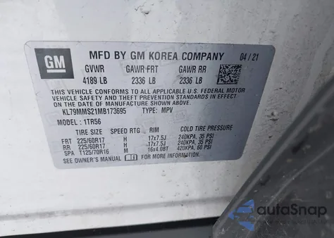 2021 Chevrolet Trailblazer Fwd Ls из США, поврежденный, VIN KL79MMS21MB173695